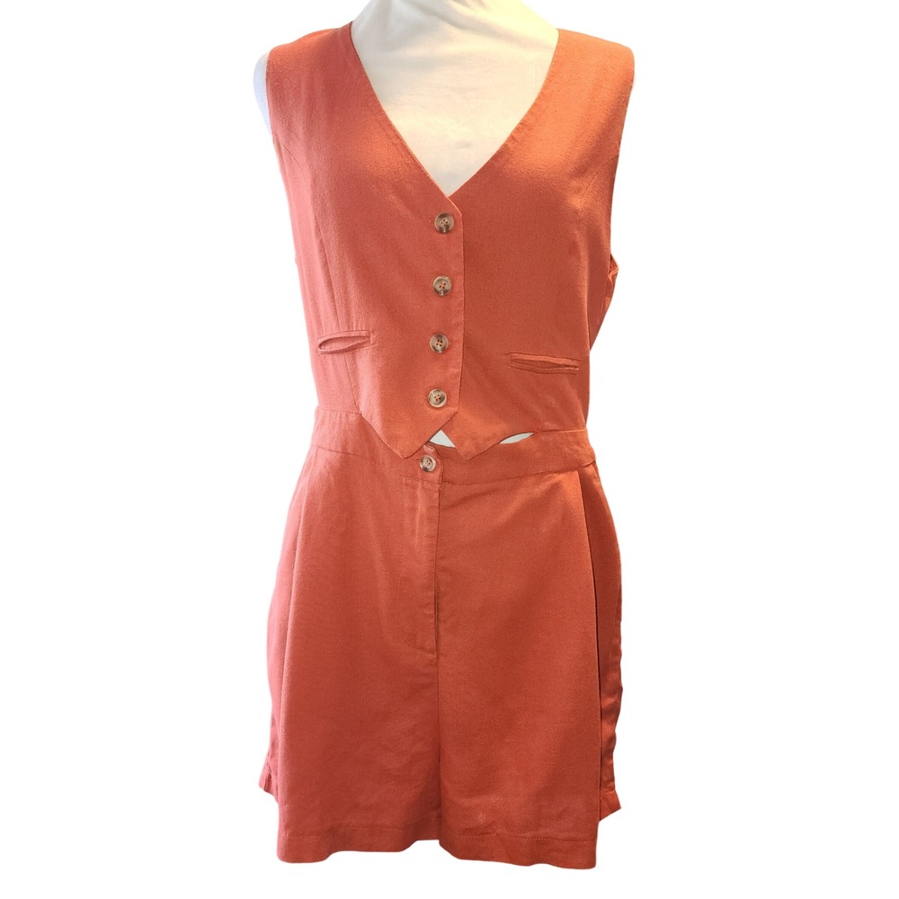 Karl Marc John Rust Orange Cotton Linen Vest Romper Sleeveless Shorts Size L